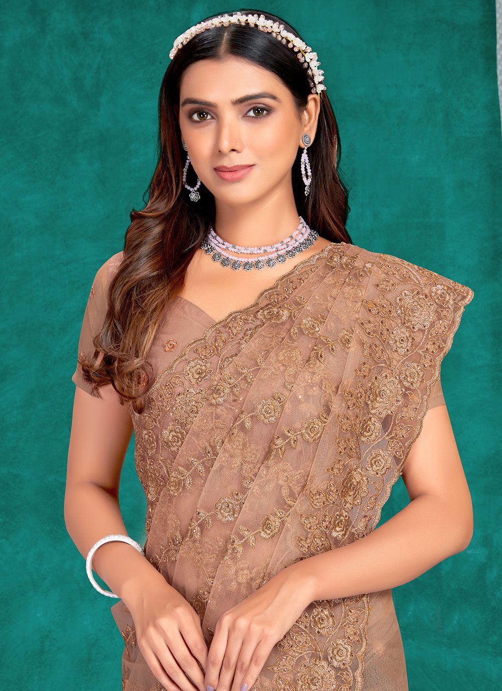 Trendy Saree Net Brown Embroidered Saree