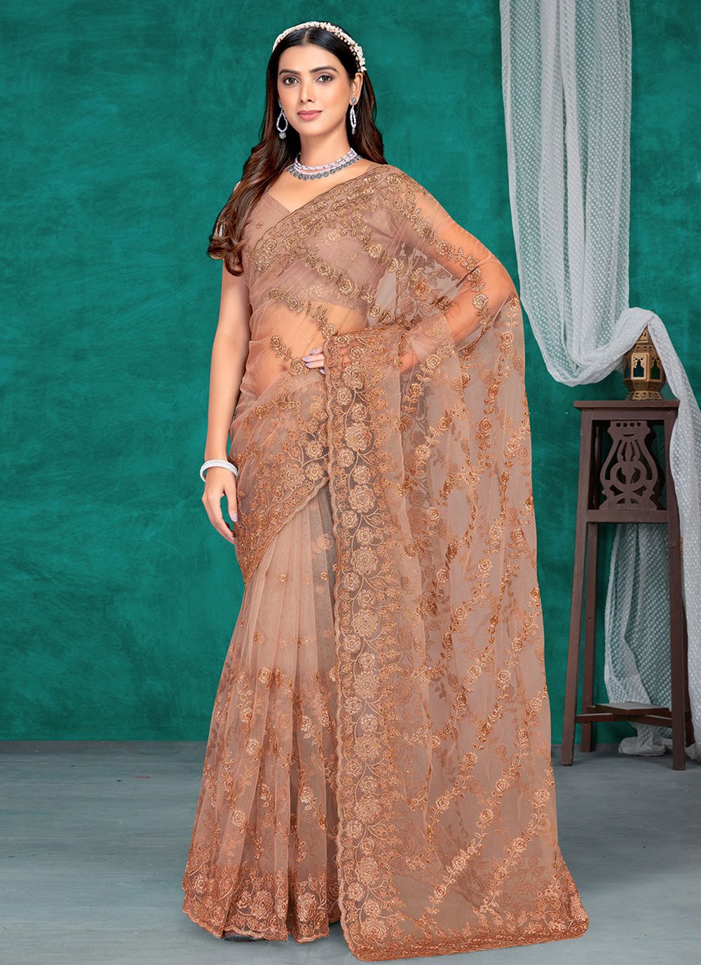 Trendy Saree Net Brown Embroidered Saree