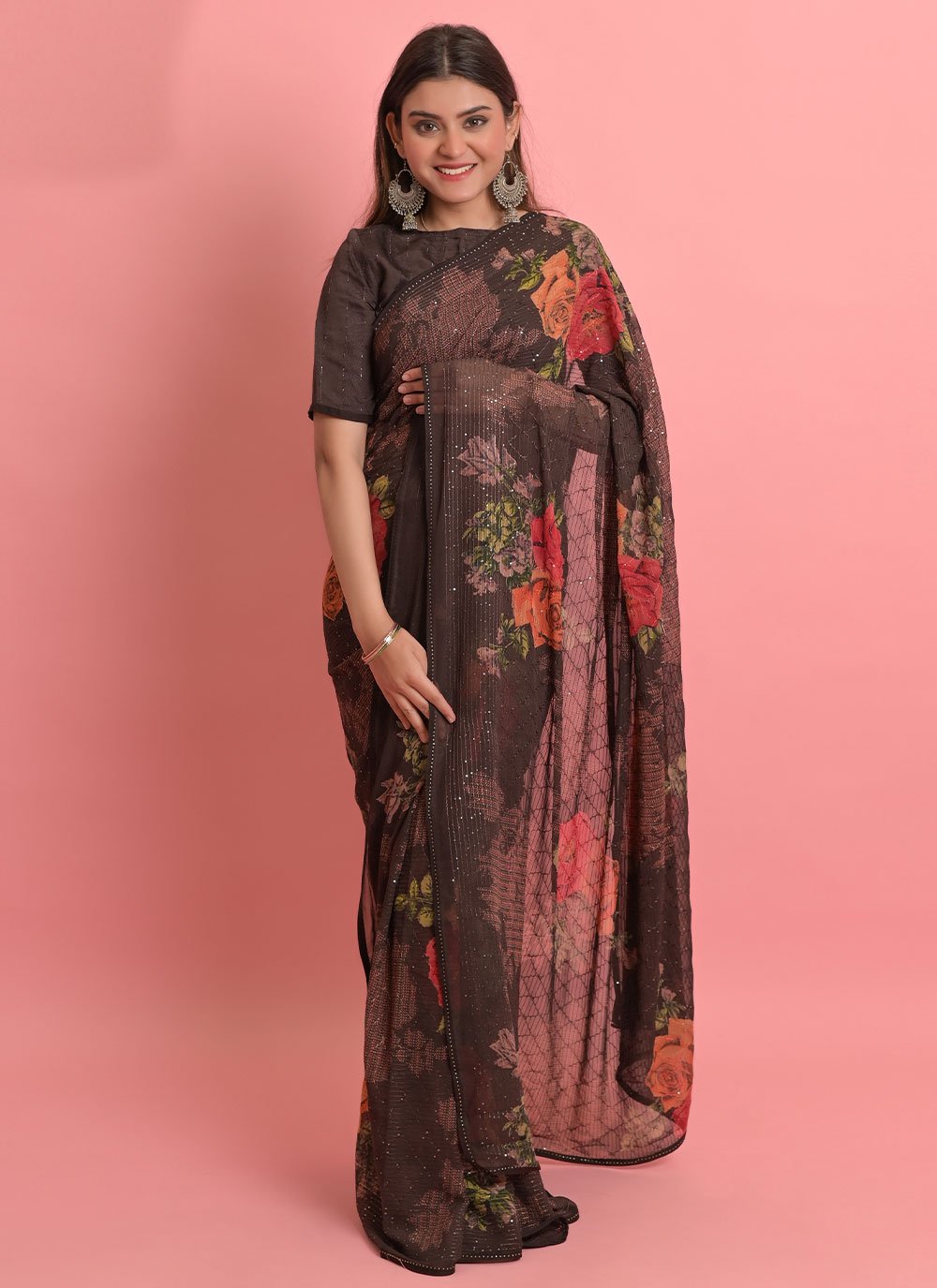 Designer Georgette Brown Floral Patch Saree