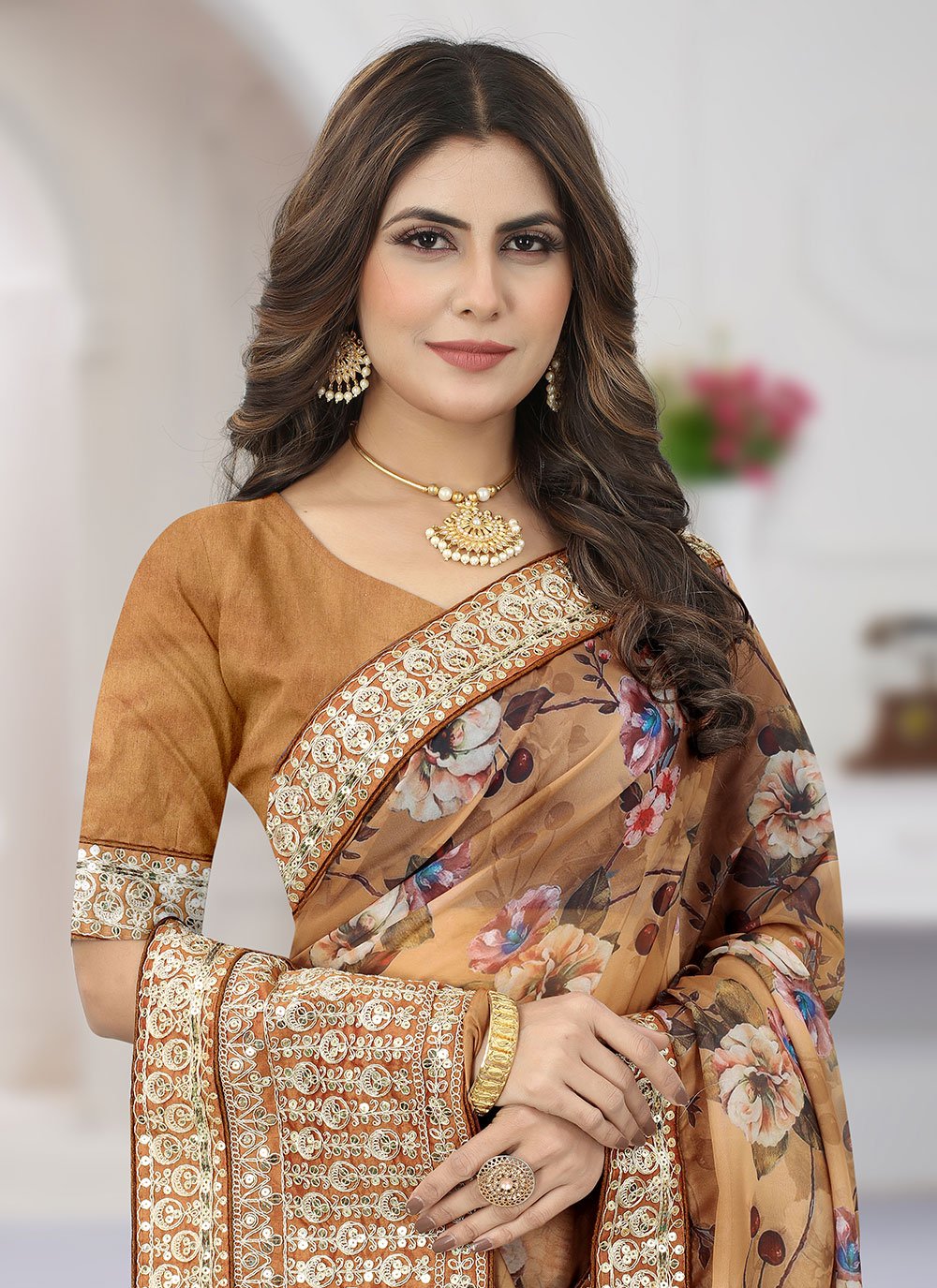 Classic Organza Brown Cord Work Saree