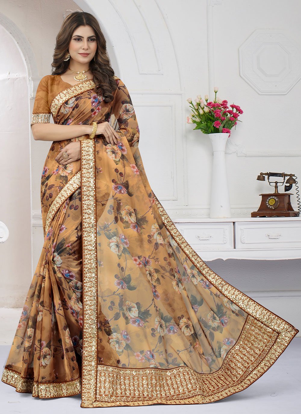 Classic Organza Brown Cord Work Saree