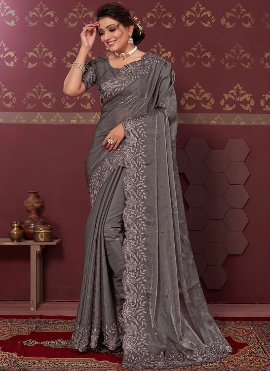 Classic Silk Blend Brown Embroidered Saree