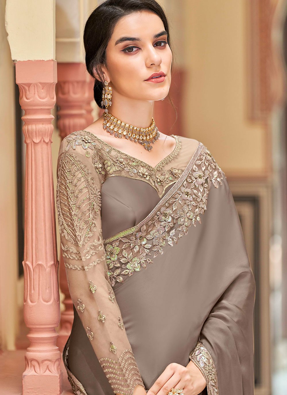 Classic Silk Brown Embroidered Saree