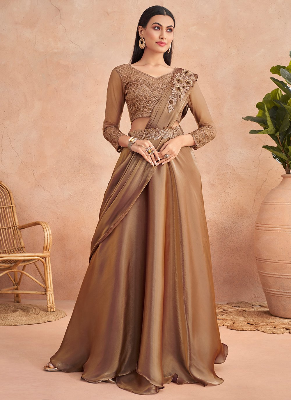 Lehenga Style Saree Silk Brown Embroidered Saree