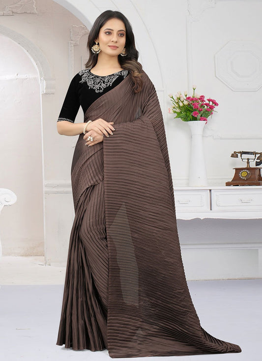 Designer Silk Brown Fancy Work Saree