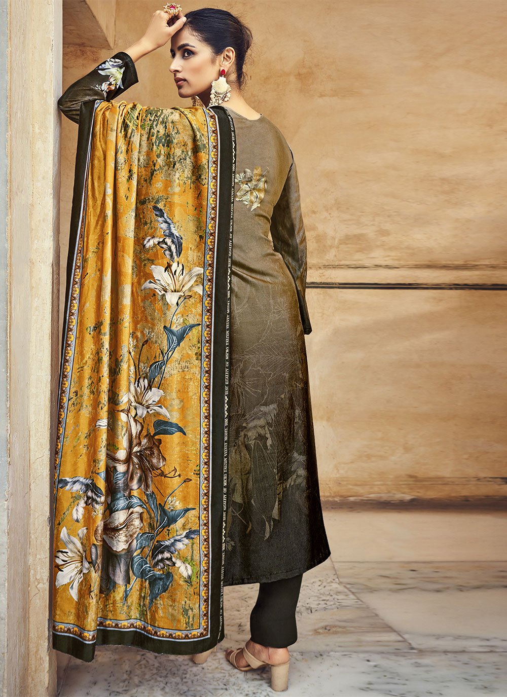 Trendy Suit Velvet Brown Digital Print Salwar Kameez