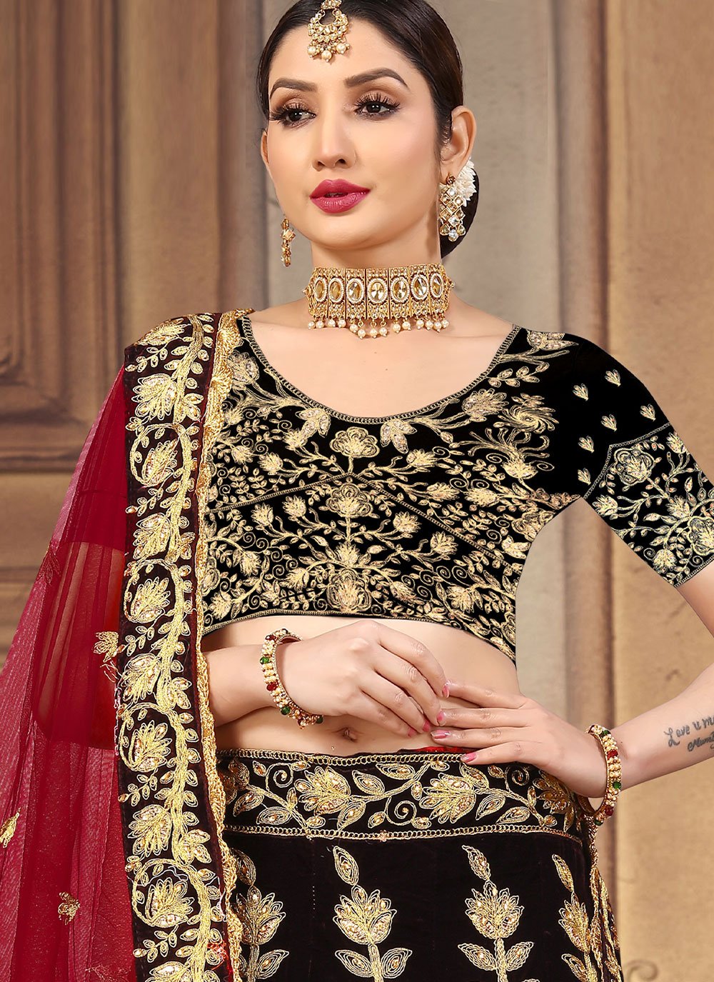 Lehenga Choli Velvet Brown Embroidered Lehenga Choli