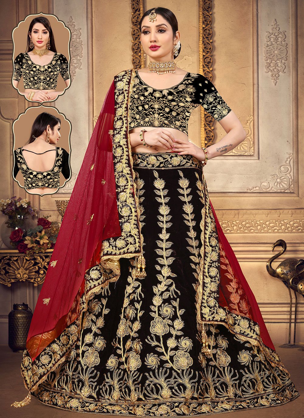 Lehenga Choli Velvet Brown Embroidered Lehenga Choli