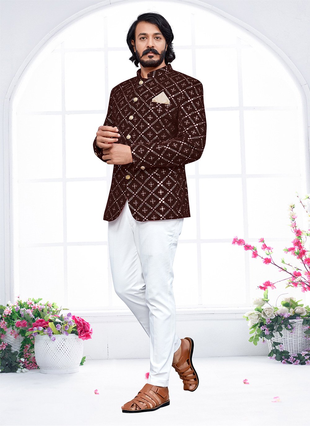 Jodhpuri Suit Velvet Brown Embroidered Mens