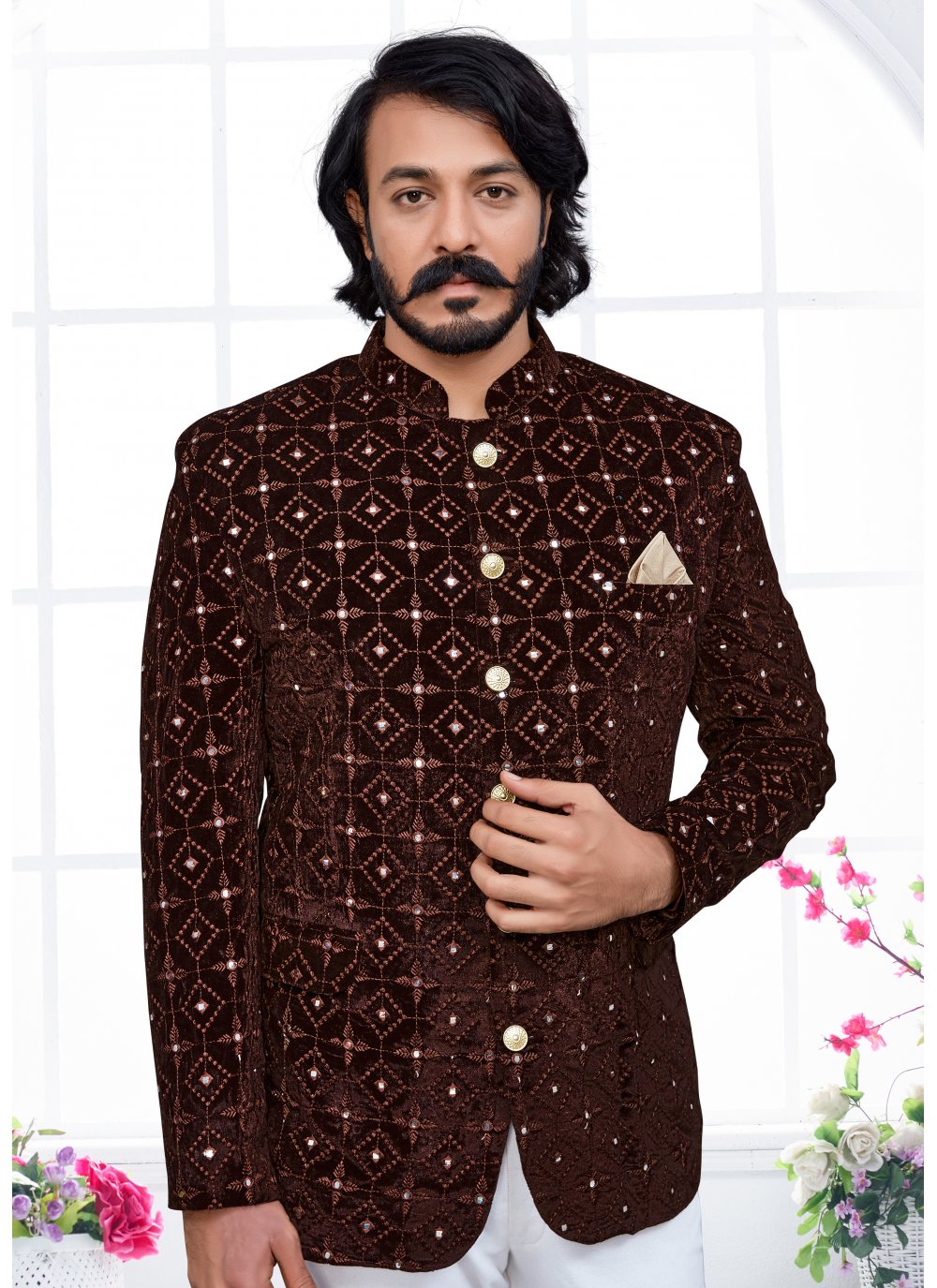 Jodhpuri Suit Velvet Brown Embroidered Mens