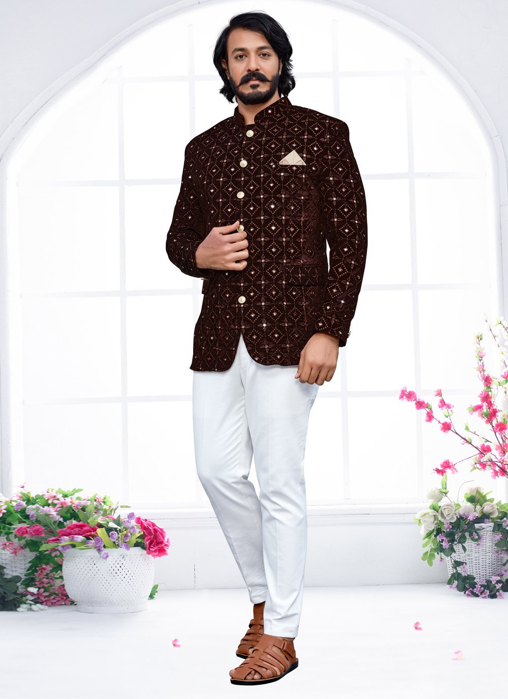 Jodhpuri Suit Velvet Brown Embroidered Mens