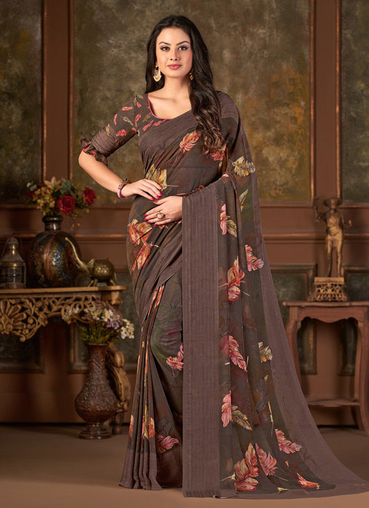 Designer Georgette Brown Print Saree