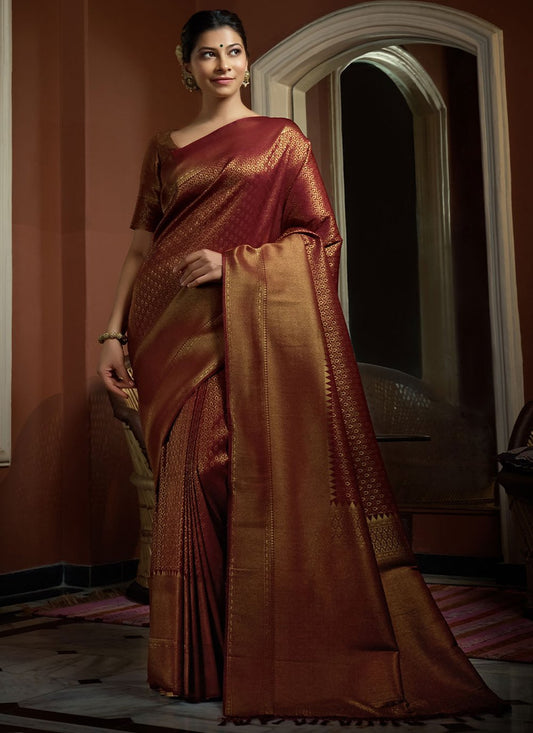 Trendy Saree Kanjivaram Silk Brown Weaving Saree