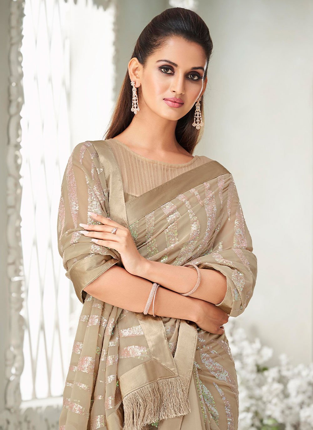 Contemporary Georgette Brown Fancy Work Saree