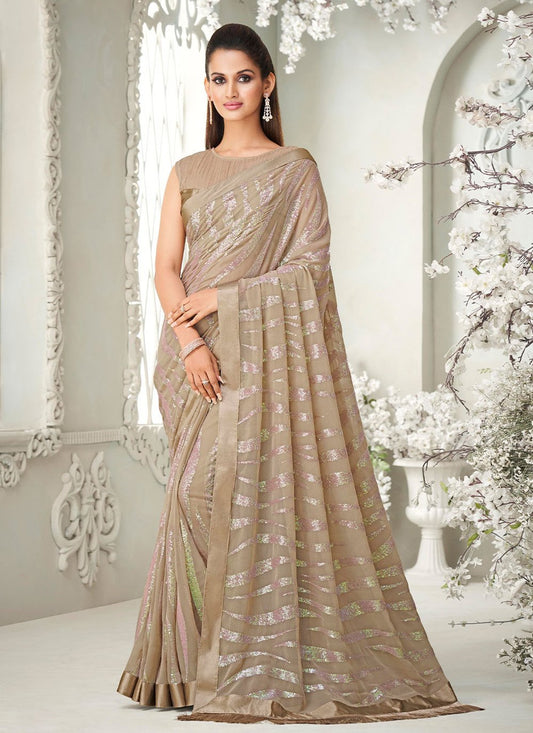 Contemporary Georgette Brown Fancy Work Saree