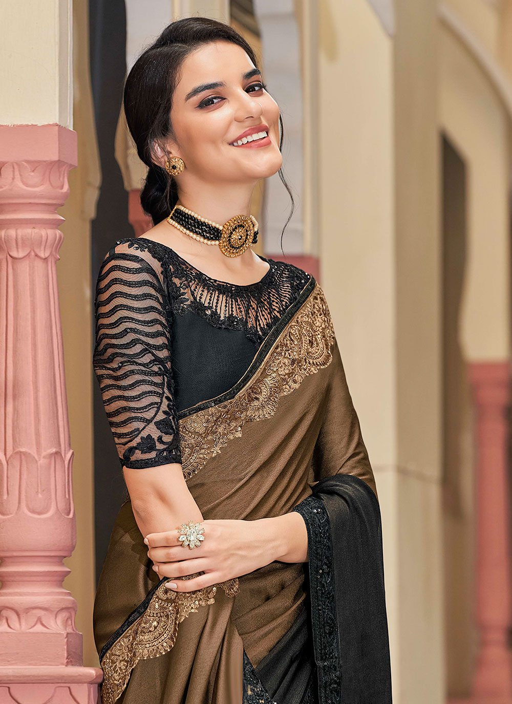 Classic Silk Brown Embroidered Saree