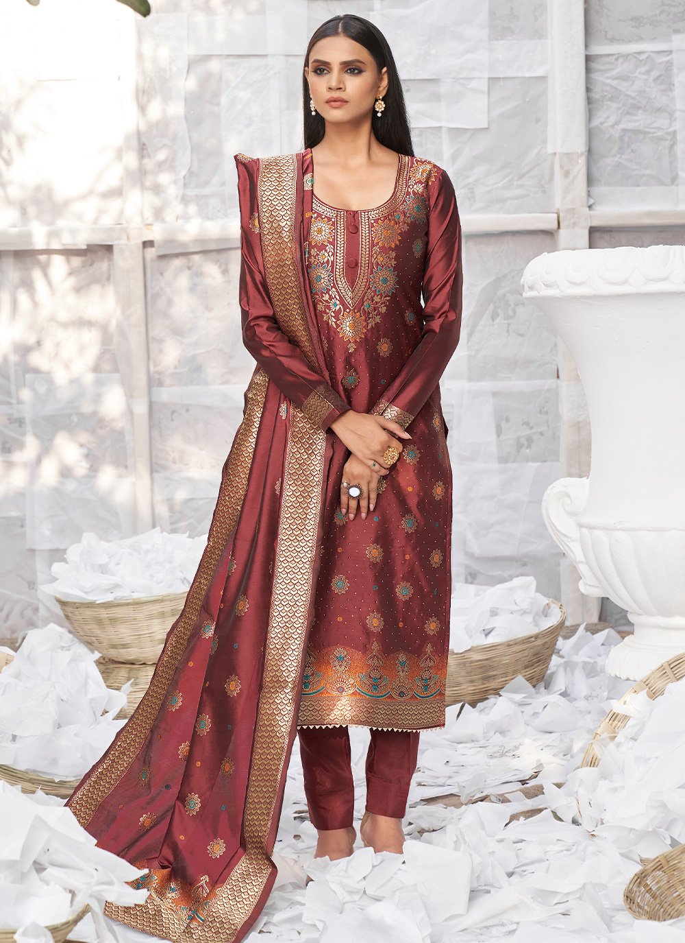 Pant Style Suit Banarasi Silk Brown Woven Salwar Kameez