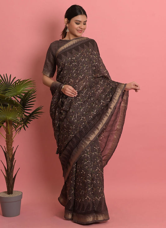 Casual Cotton Brown Embroidered Saree