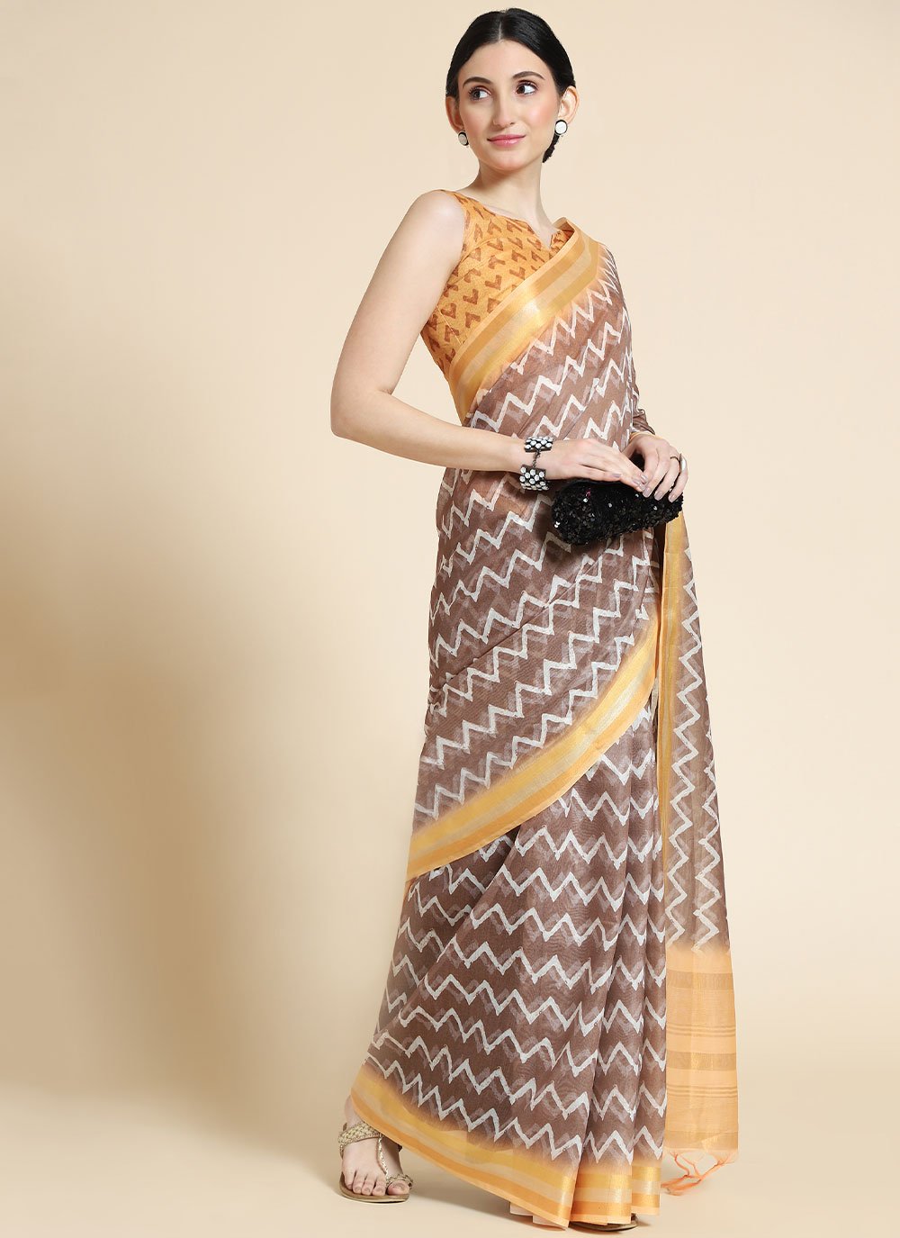 Contemporary Chanderi Cotton Brown Digital Print Saree