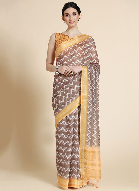 Contemporary Chanderi Cotton Brown Digital Print Saree