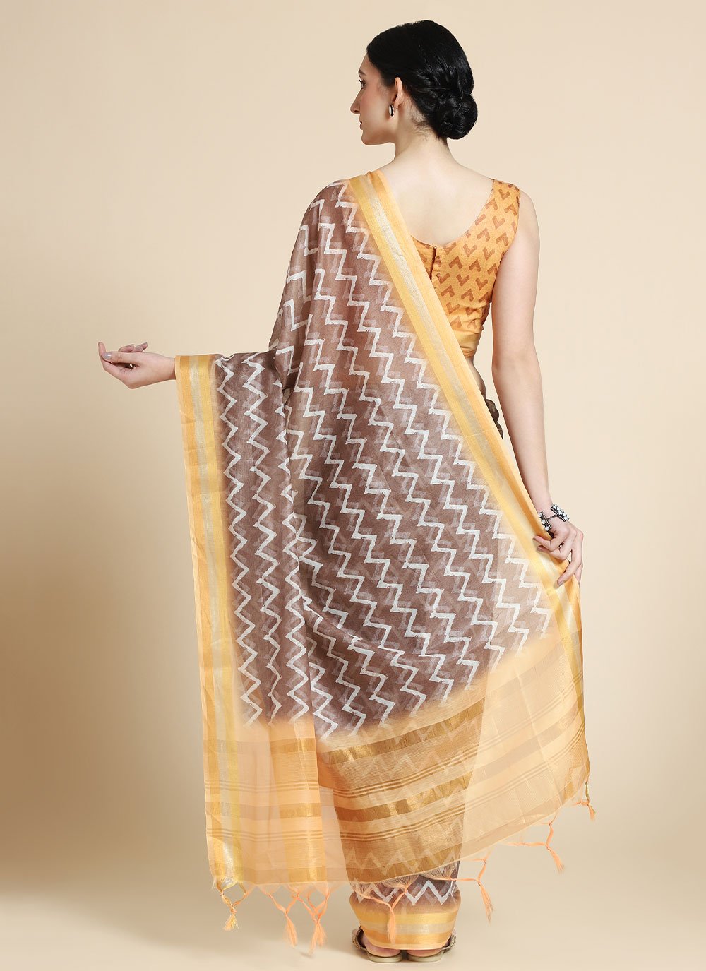 Contemporary Chanderi Cotton Brown Digital Print Saree