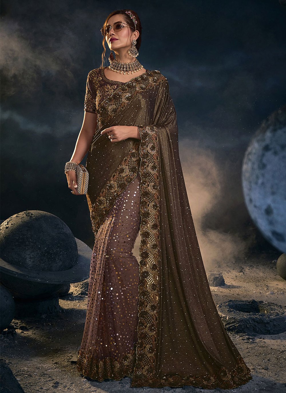 Designer Net Brown Embroidered Saree