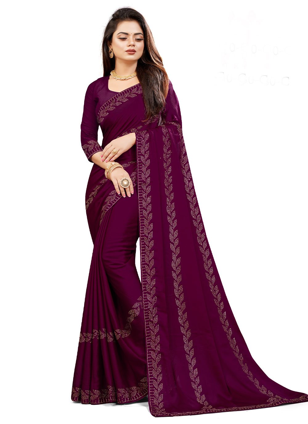 Classic Chiffon Satin Burgundy Embroidered Saree