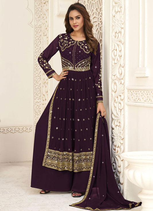 Salwar Suit Georgette Burgundy Embroidered Salwar Kameez