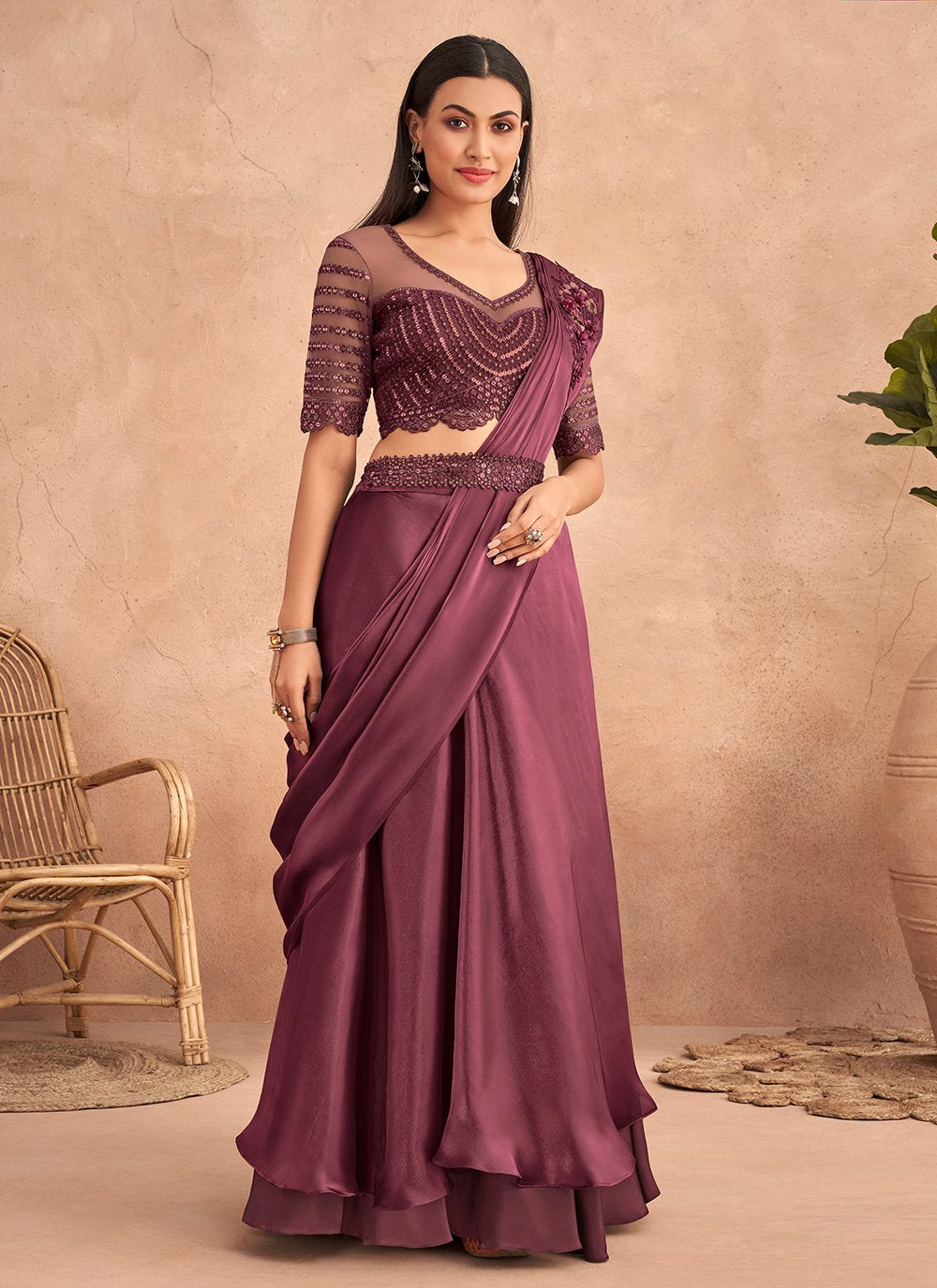 Lehenga Style Saree Silk Burgundy Embroidered Saree