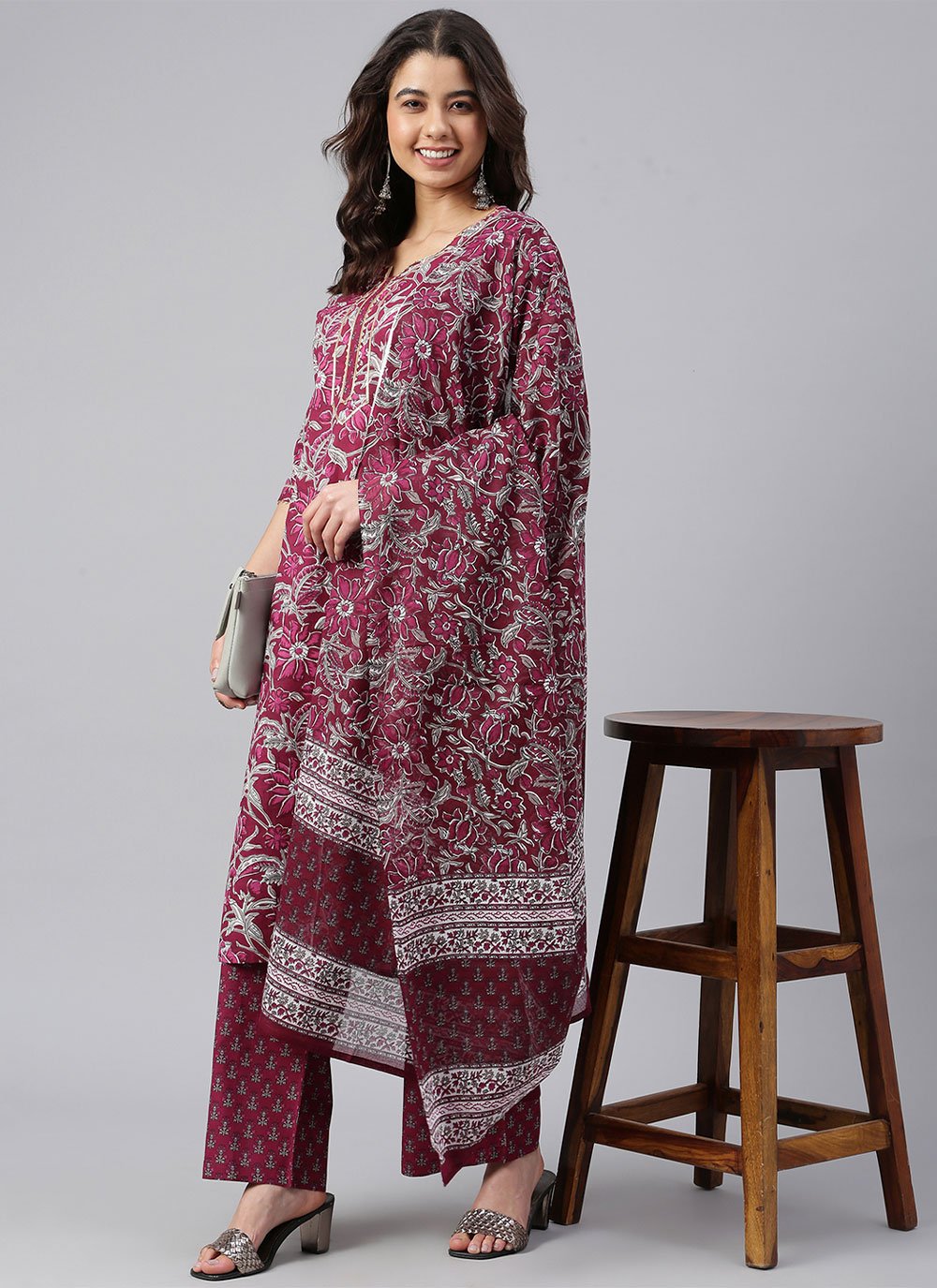 Salwar Suit Cotton Burgundy Floral Patch Salwar Kameez