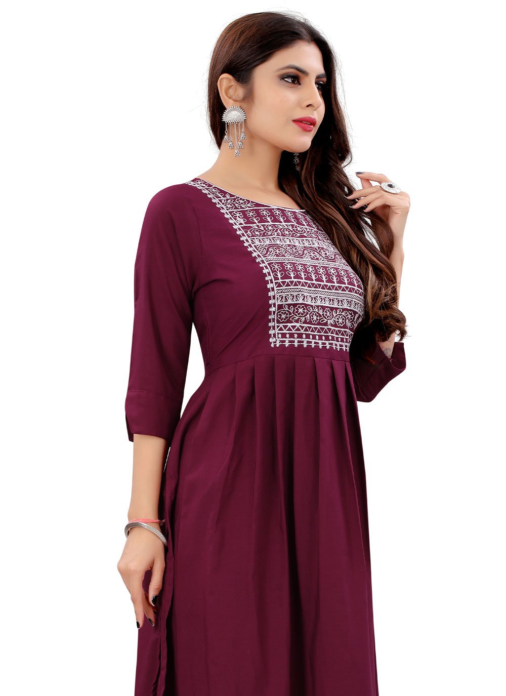 Designer Kurti Rayon Burgundy Embroidered Kurtis