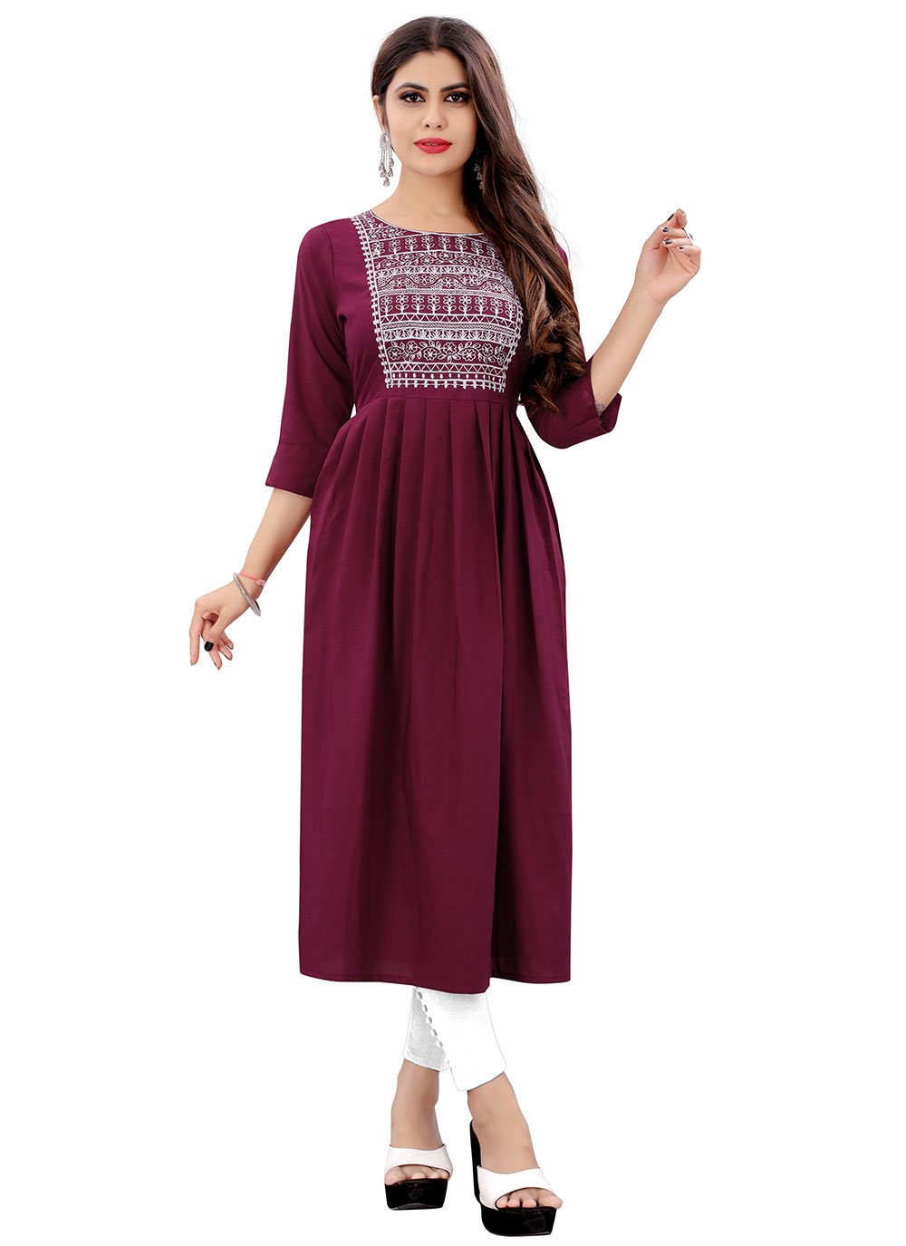 Designer Kurti Rayon Burgundy Embroidered Kurtis