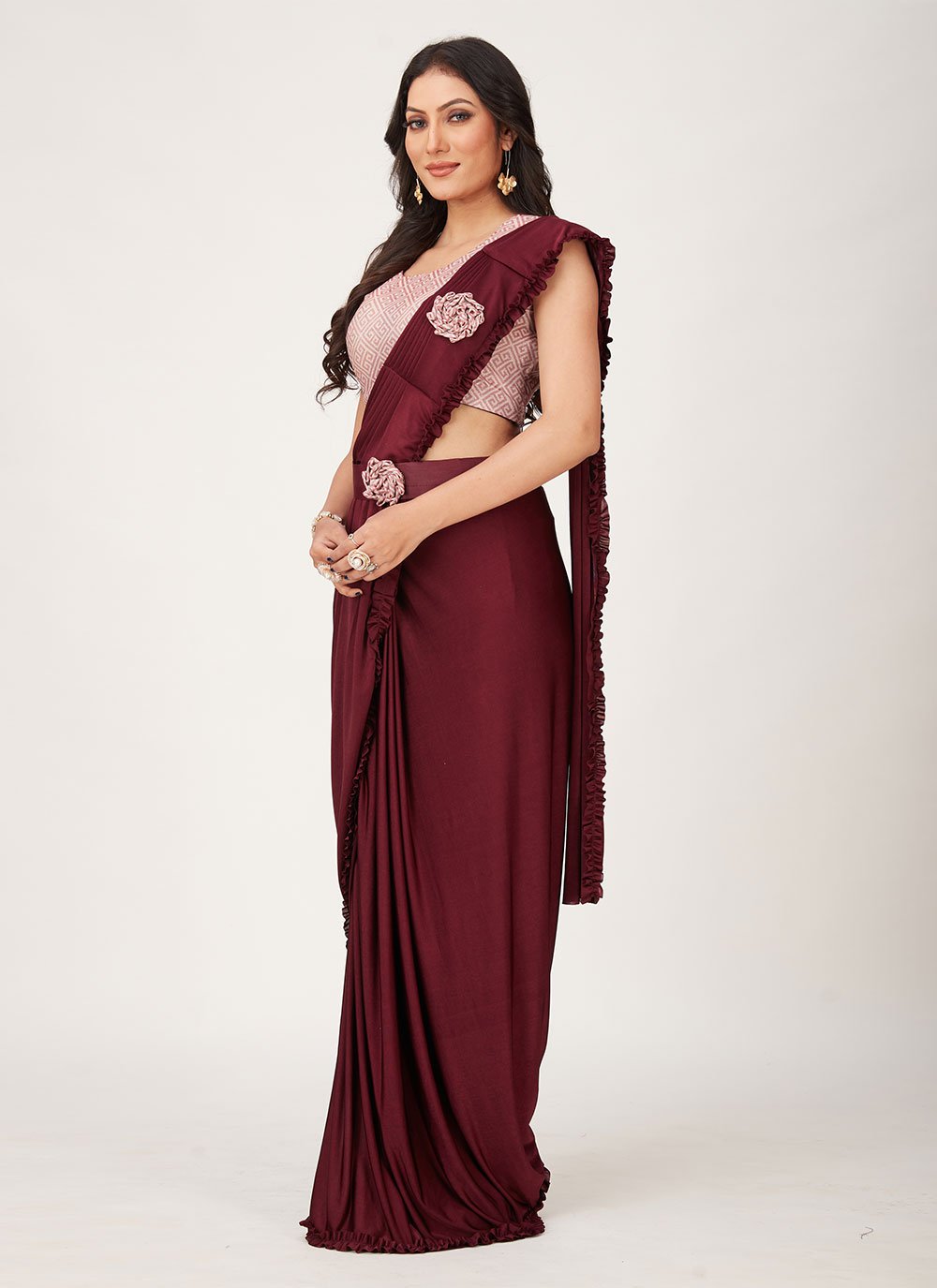 Contemporary Imported Burgundy Plain Saree