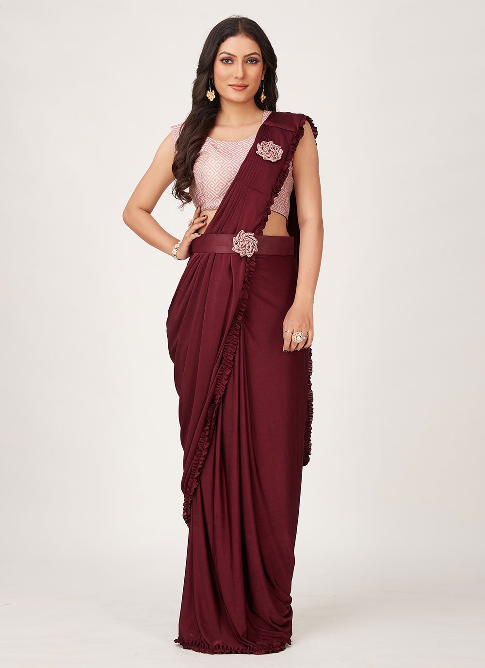 Contemporary Imported Burgundy Plain Saree