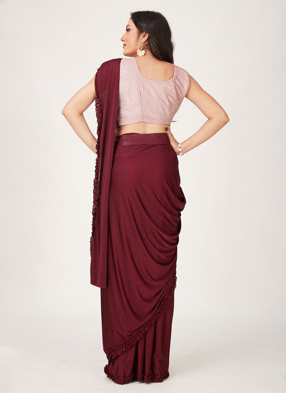 Contemporary Imported Burgundy Plain Saree