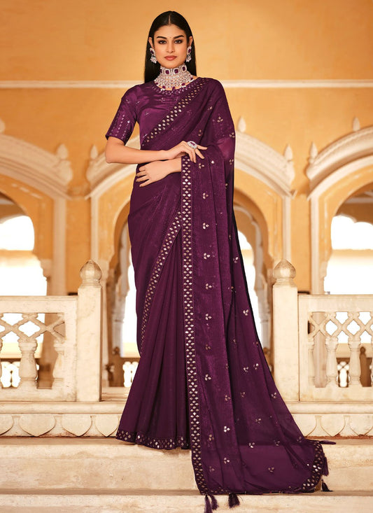 Designer Chinon Burgundy Sequins Saree