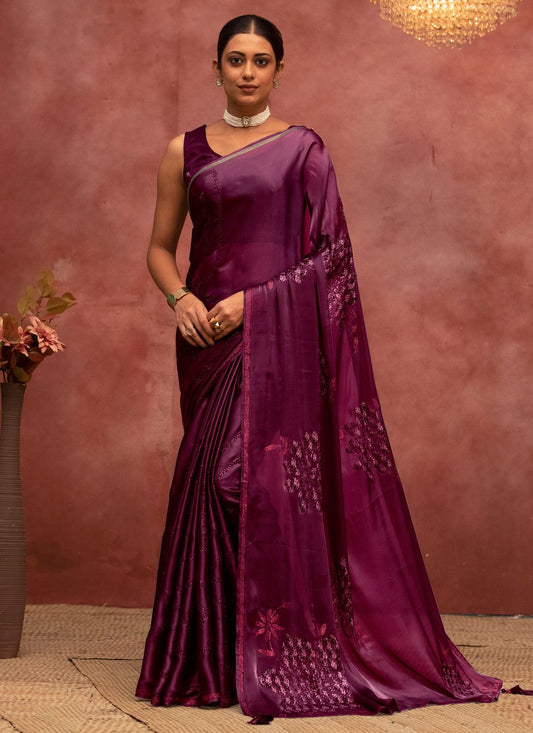 Trendy Saree Satin Silk Burgundy Floral Patch Saree