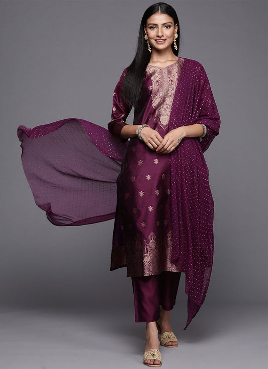 Straight Salwar Suit Silk Blend Burgundy Weaving Salwar Kameez