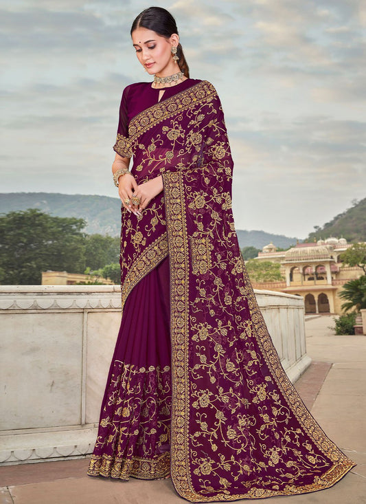 Classic Georgette Burgundy Embroidered Saree