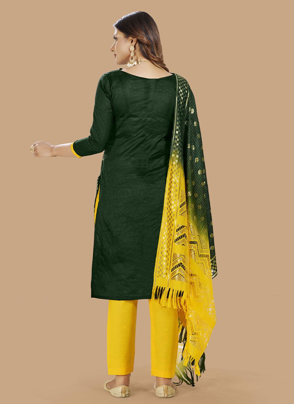 Salwar Suit Banarasi Silk Green Yellow Booti Salwar Kameez