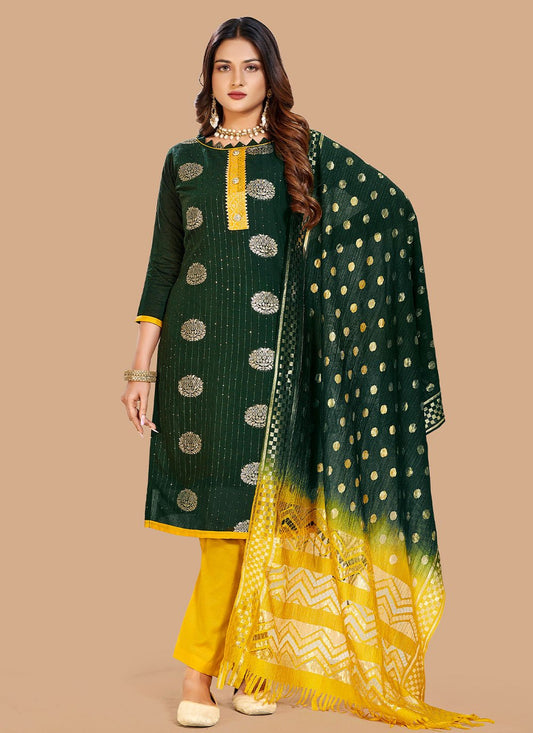 Salwar Suit Banarasi Silk Green Yellow Booti Salwar Kameez