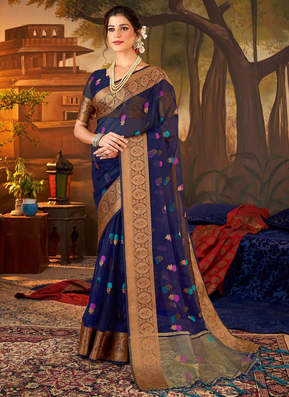 Contemporary Organza Silk Blue Booti Saree