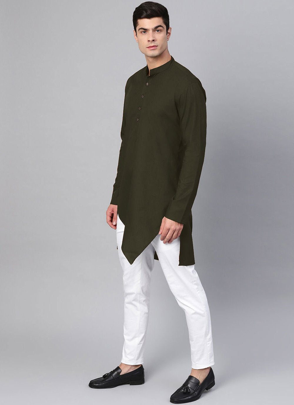 Kurta Blended Cotton Green Buttons Mens