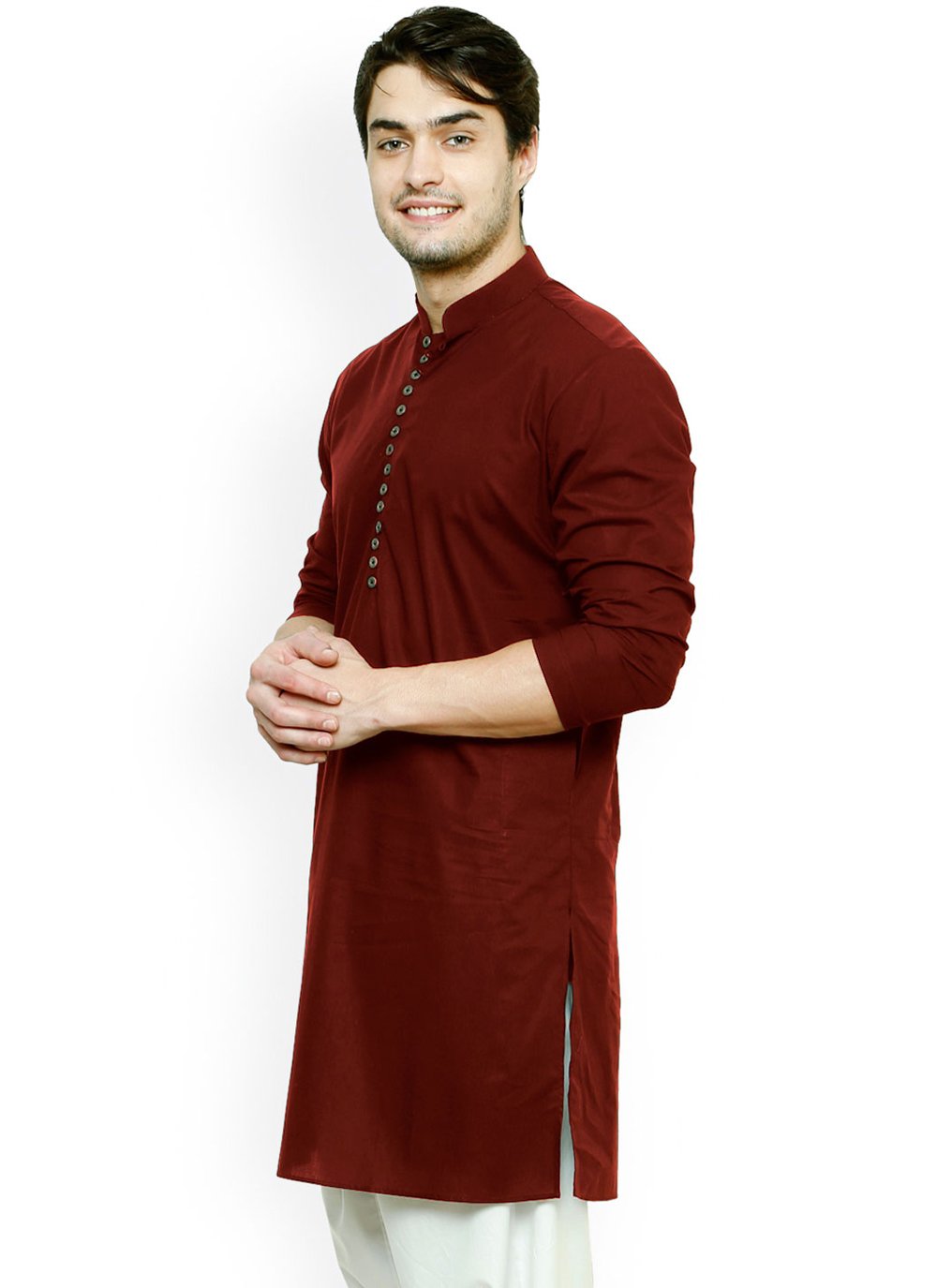 Kurta Blended Cotton Maroon Buttons Mens