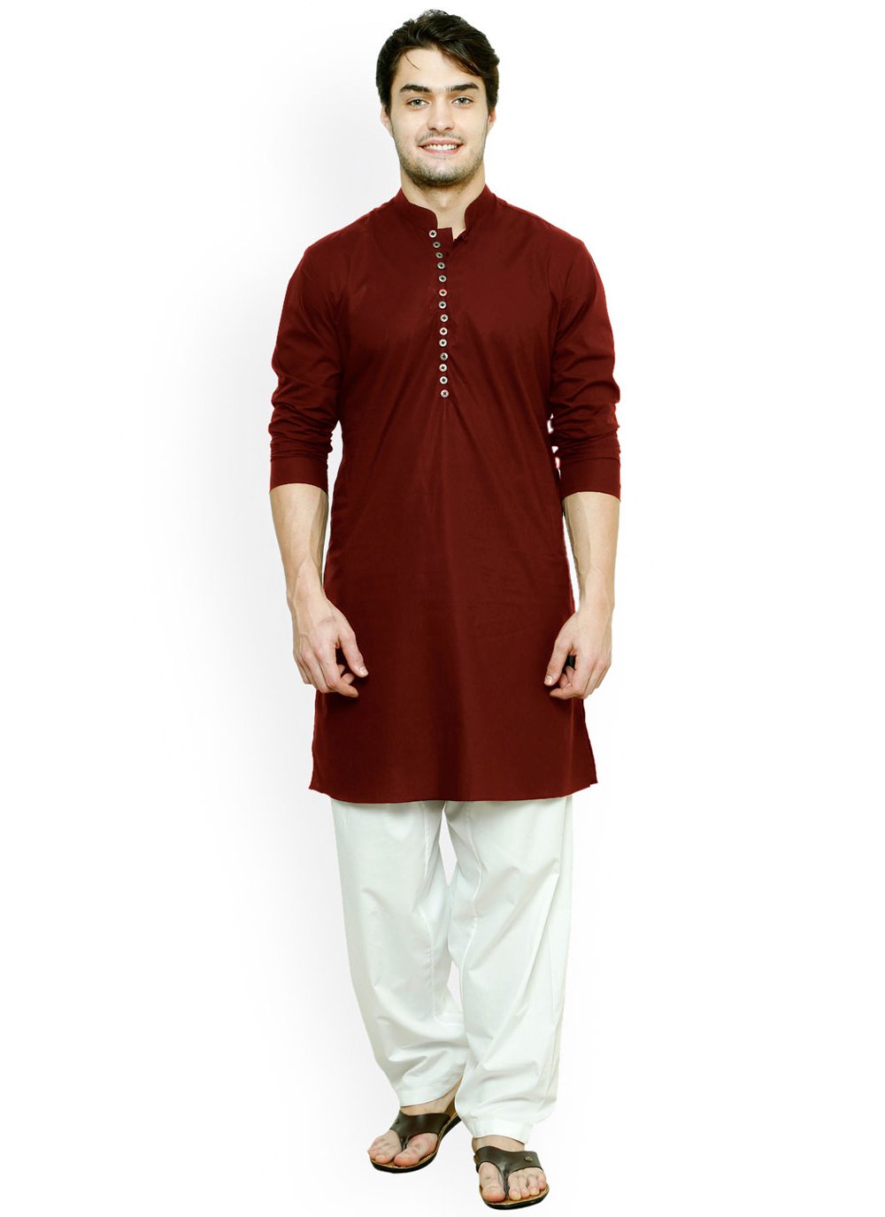 Kurta Blended Cotton Maroon Buttons Mens