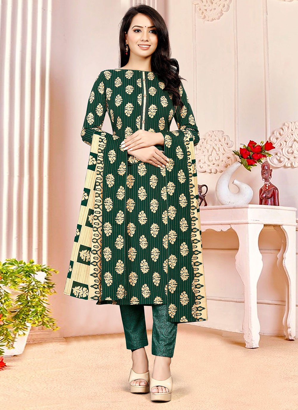 Salwar Suit Cotton Green Buttons Salwar Kameez