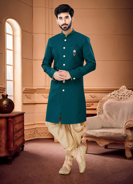 Indo Western Sherwani Fancy Fabric Green Buttons Mens