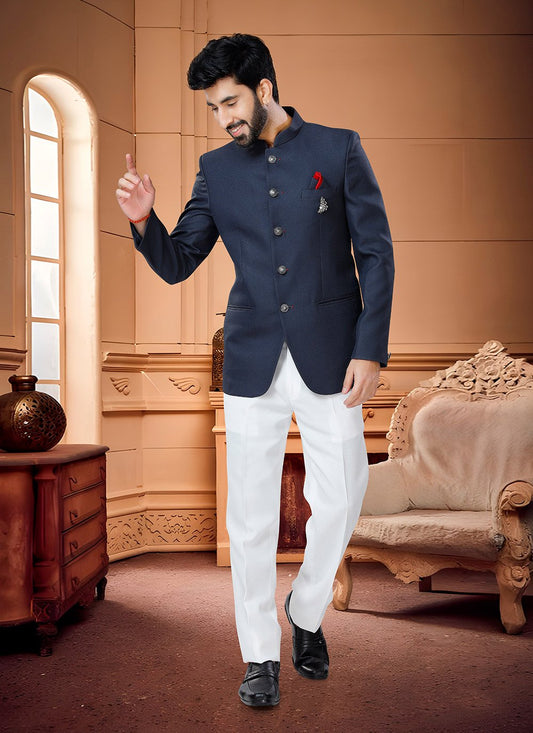 Jodhpuri Suit Fancy Fabric Blue Buttons Mens