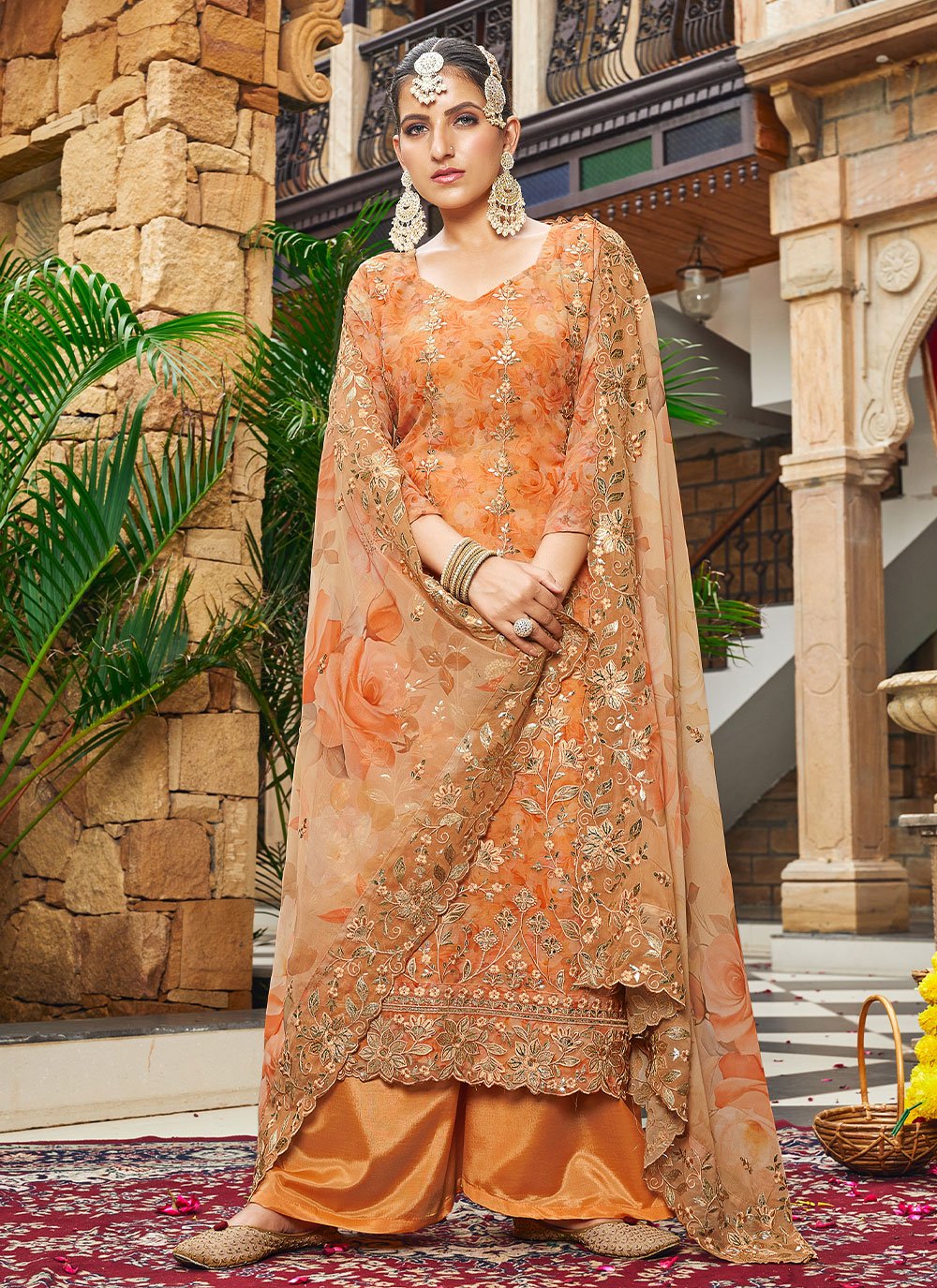 Salwar Suit Georgette Orange Buttons Salwar Kameez