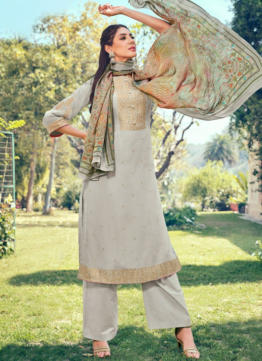 Straight Salwar Suit Pure Silk Grey Buttons Salwar Kameez